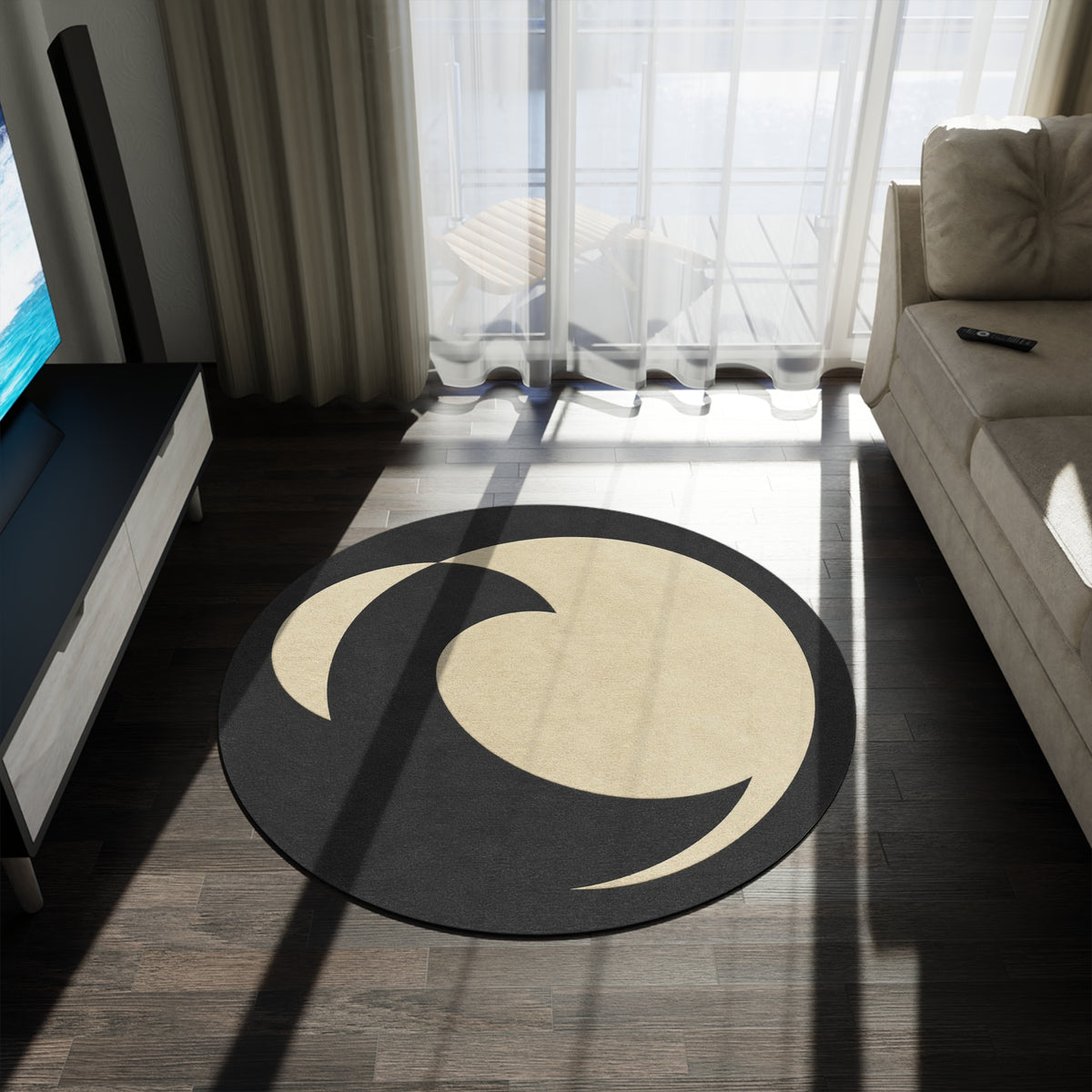 Minimalist Wave Round Rug | Black Cream Coastal Area Rug Printify