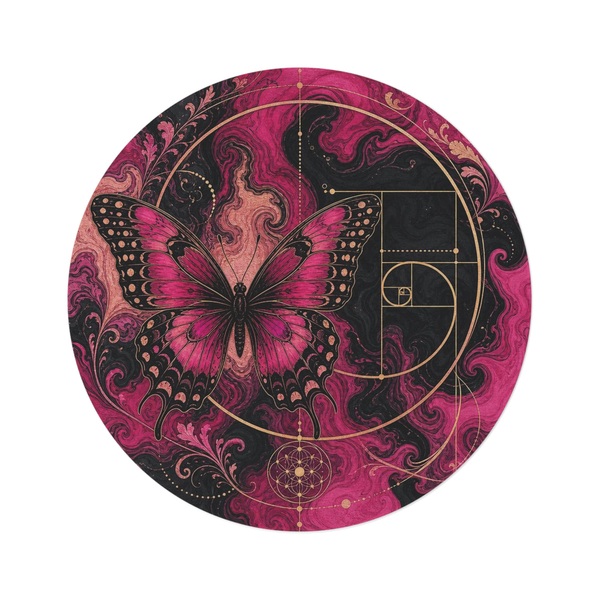 Pink Butterfly Fibonacci Round Rug | Mystic Floral Geometric Accent Printify