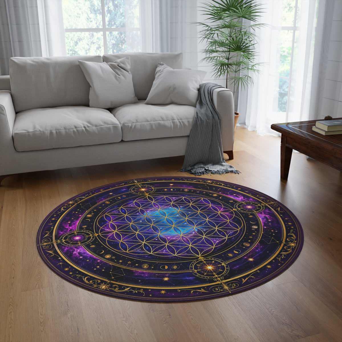 Round Mandala Area Rug, Celestial Boho Floor Mat, Sacred Geometry Home Decor, Meditation Rug, Bedroom Accent, Yoga Studio Decor Printify