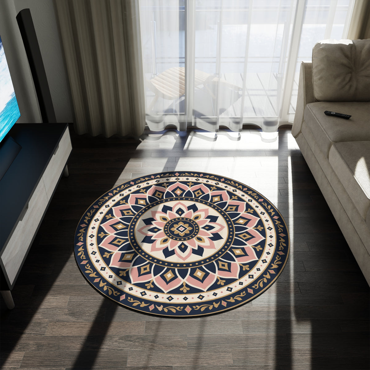Boho Mandala Round Rug | Floral Geometric Accent Rug, Neutral Pink Navy Printify