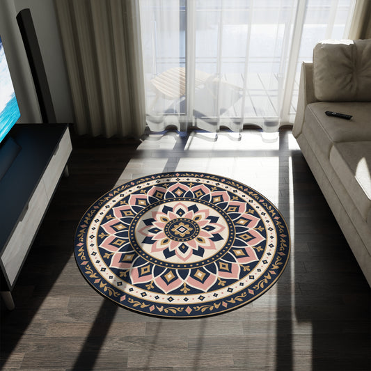 Boho Mandala Round Rug | Floral Geometric Accent Rug, Neutral Pink Navy Printify