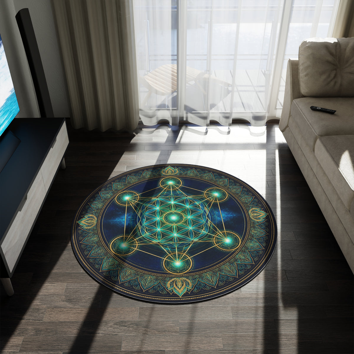 Sacred Geometry Metatron Cube Round Rug | Mandala Floor Mat, Boho Yoga Decor Printify