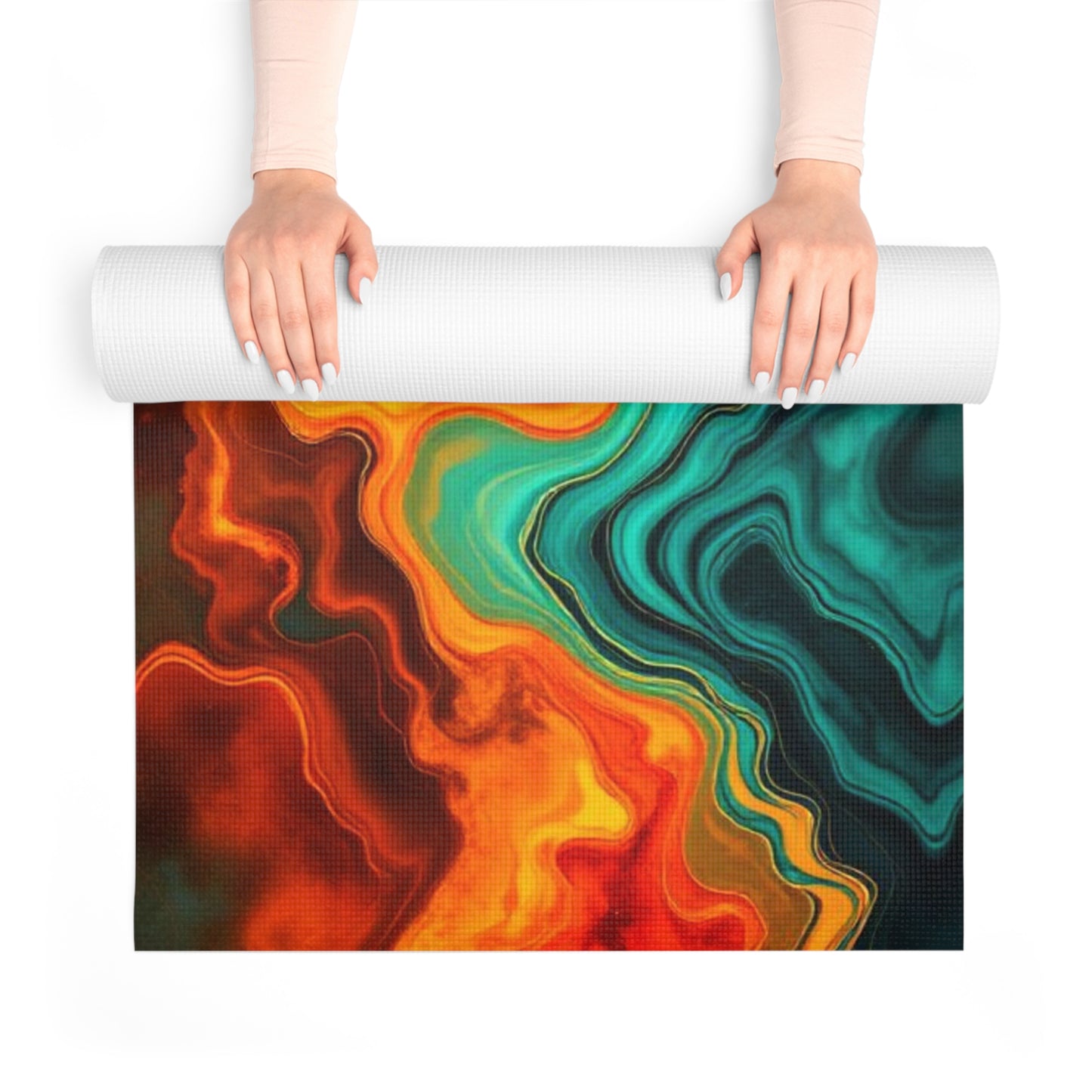 Abstract Teal and Orange Marble Foam Yoga Mat | Fluid Leaf Design - Best Yoga Mats for Home Workouts