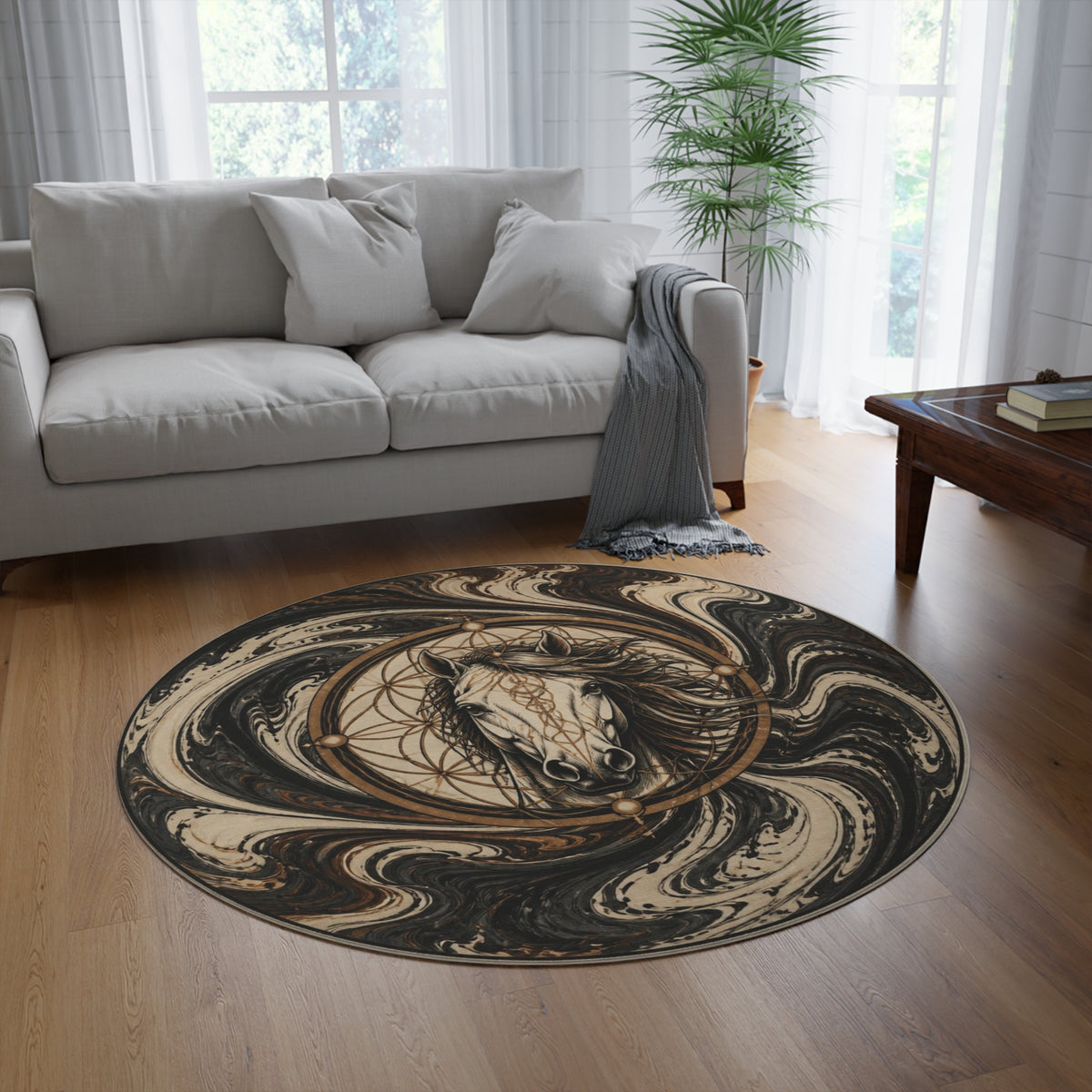 Mystic Horse Mandala Round Rug | Boho Swirl Horsehead Decor Printify