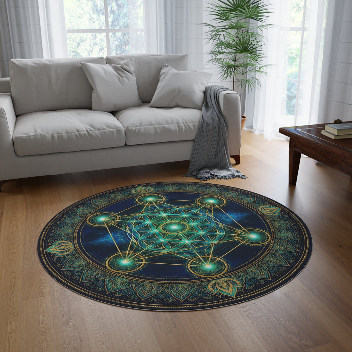 Sacred Geometry Metatron Cube Round Rug | Mandala Floor Mat, Boho Yoga Decor Printify