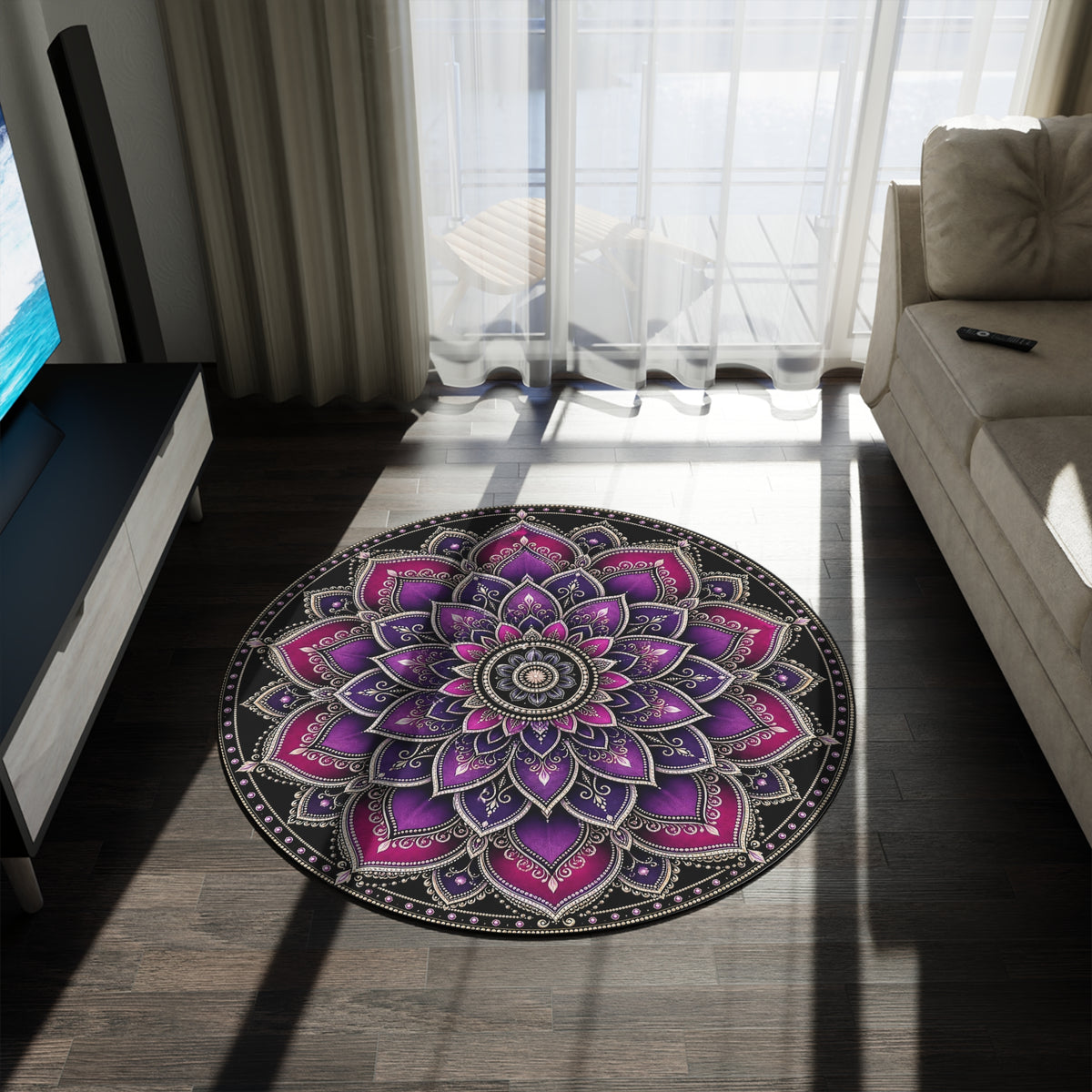 Purple Pink Mandala Round Rug | Boho Floor Mat, Yoga Meditation Decor Printify