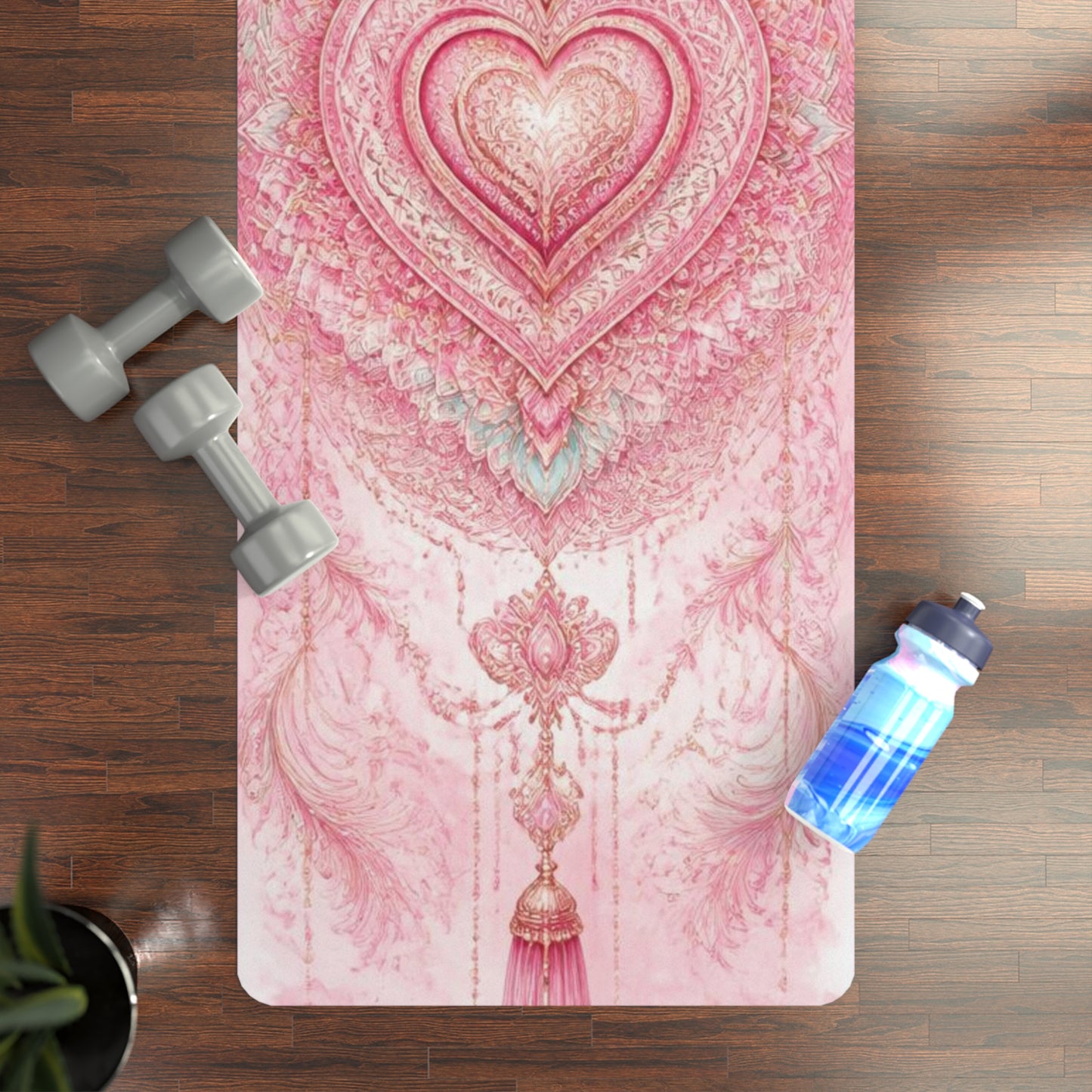 Pink Heart Mandala Rubber Yoga Mat | Boho Spiritual Meditation Design - Best Yoga Mats for Home Workouts