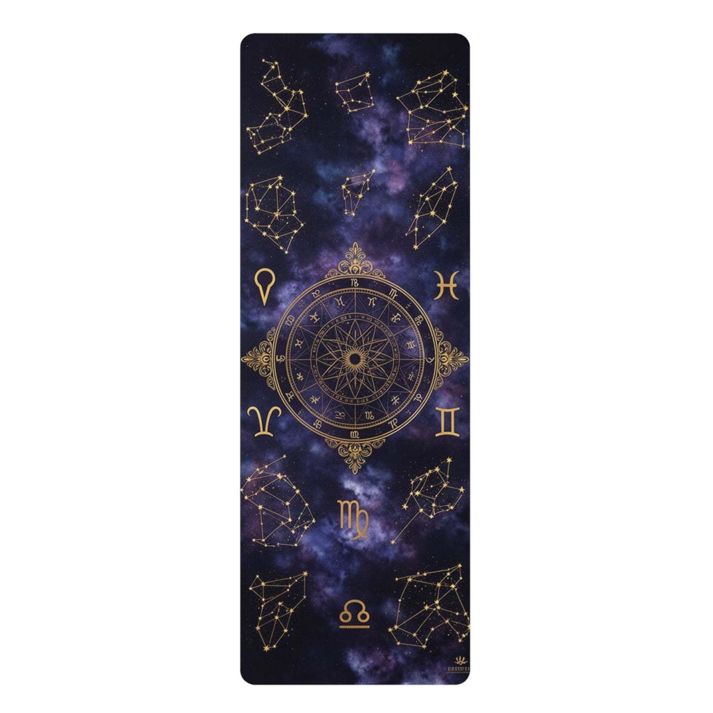 Zodiac Wheel Constellation rubber yoga mat with astrology space mandala design, ideal for home decor and yoga practice.
