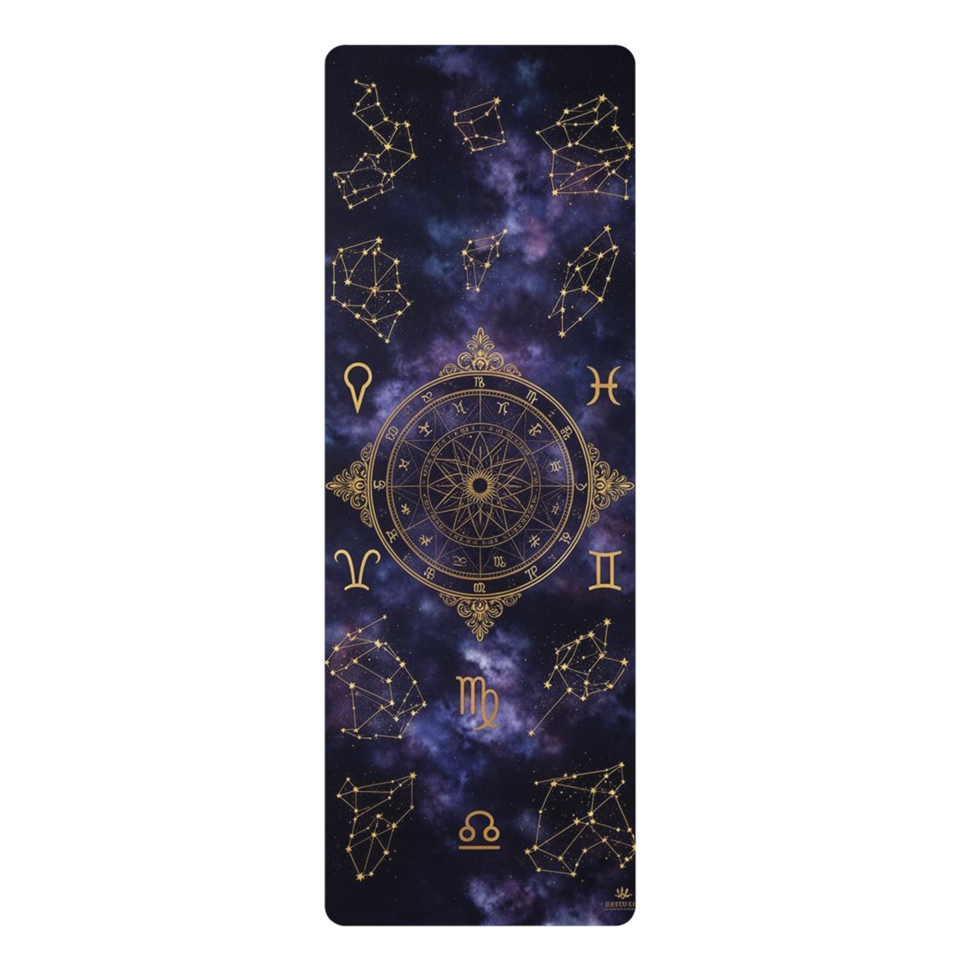 Zodiac Wheel Constellation rubber yoga mat with astrology space mandala design, ideal for home decor and yoga practice.