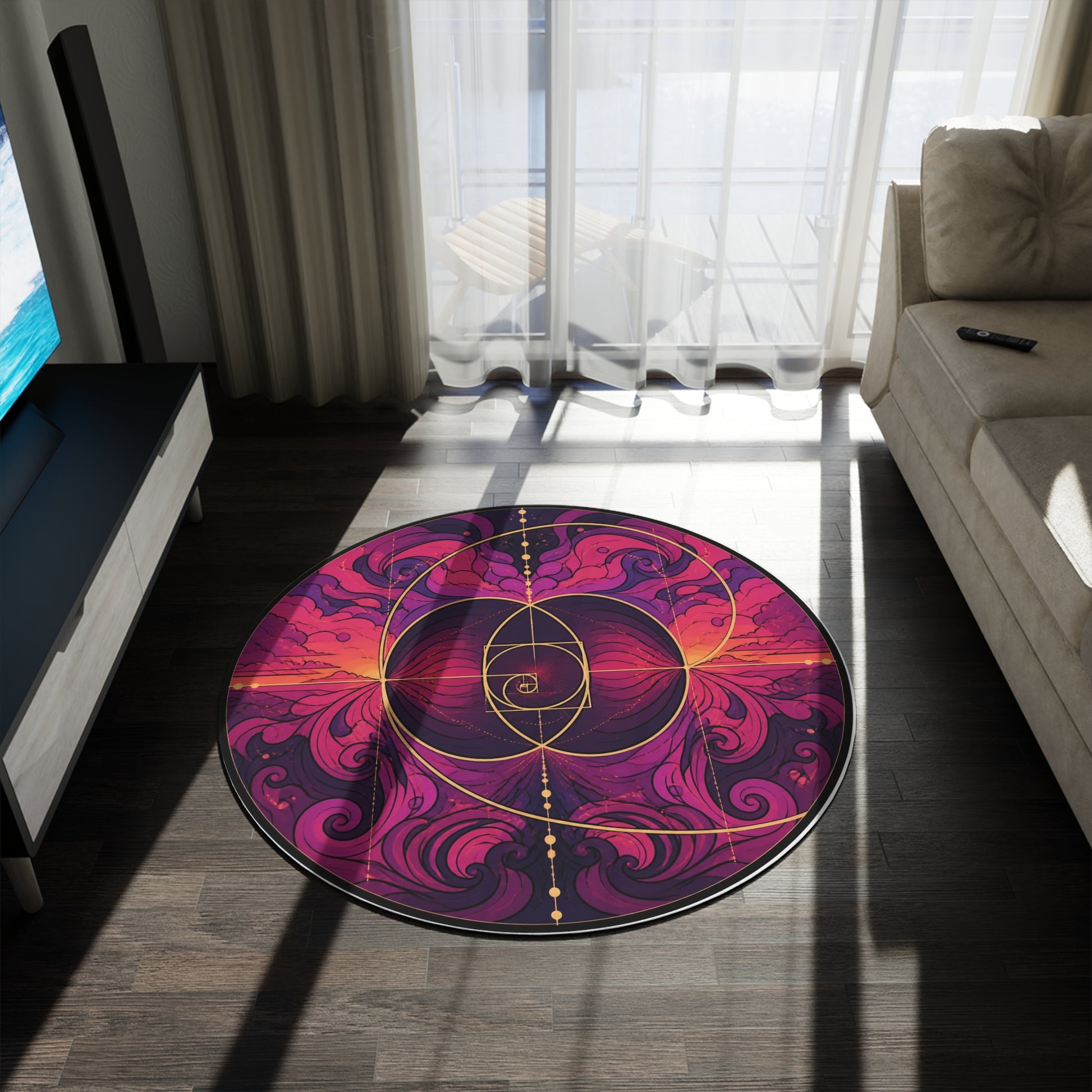 Enchanted Waterfall Fantasy Round Rug | Sunset Sacred Geometry Washable Floor Mat | Boho Mandala Living Room Decor | Non-Slip Printify