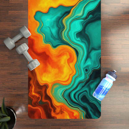 Teal & Amber Marble Swirl Leaves Rubber Yoga Mat | Abstract Nature Resin Art - Best Yoga Mats for Home Workouts