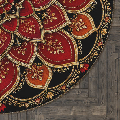 Red Gold Mandala Round Rug | Boho Floor Decor Printify