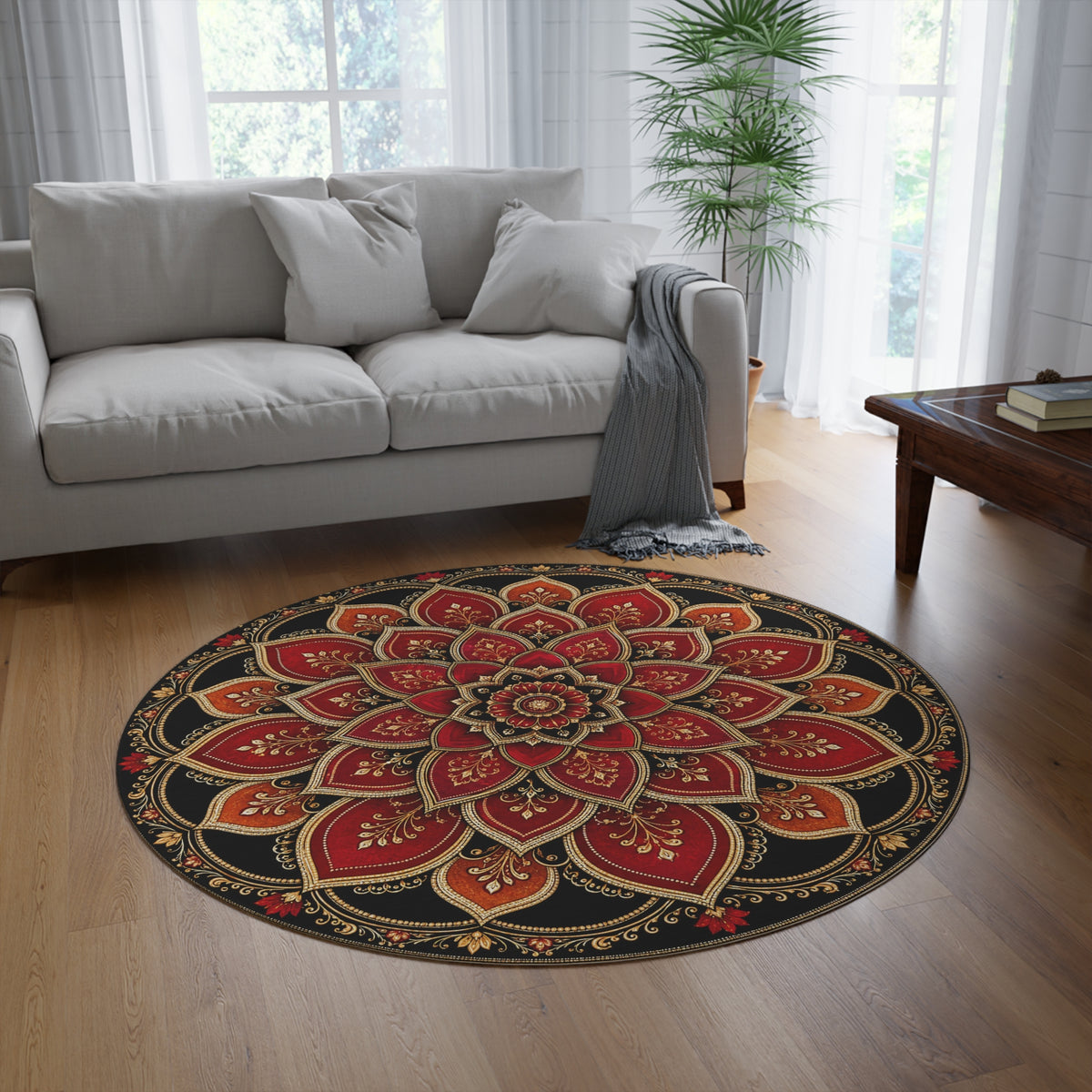 Red Gold Mandala Round Rug | Boho Floor Decor Printify