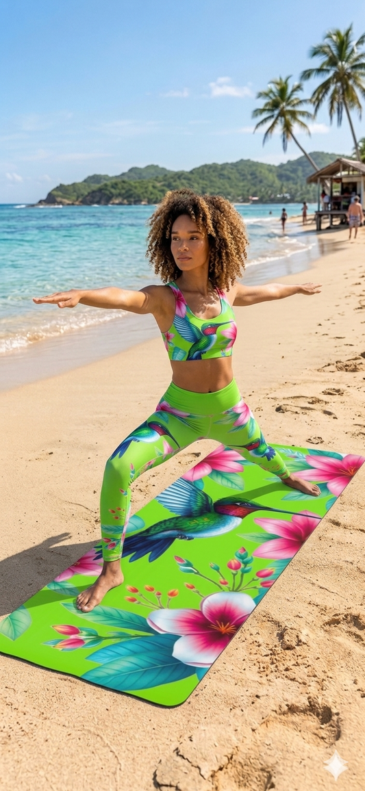 Hummingbird Floral Foam Yoga Mat | Tropical Flowers, Green Background - Best Yoga Mats for Home Workouts