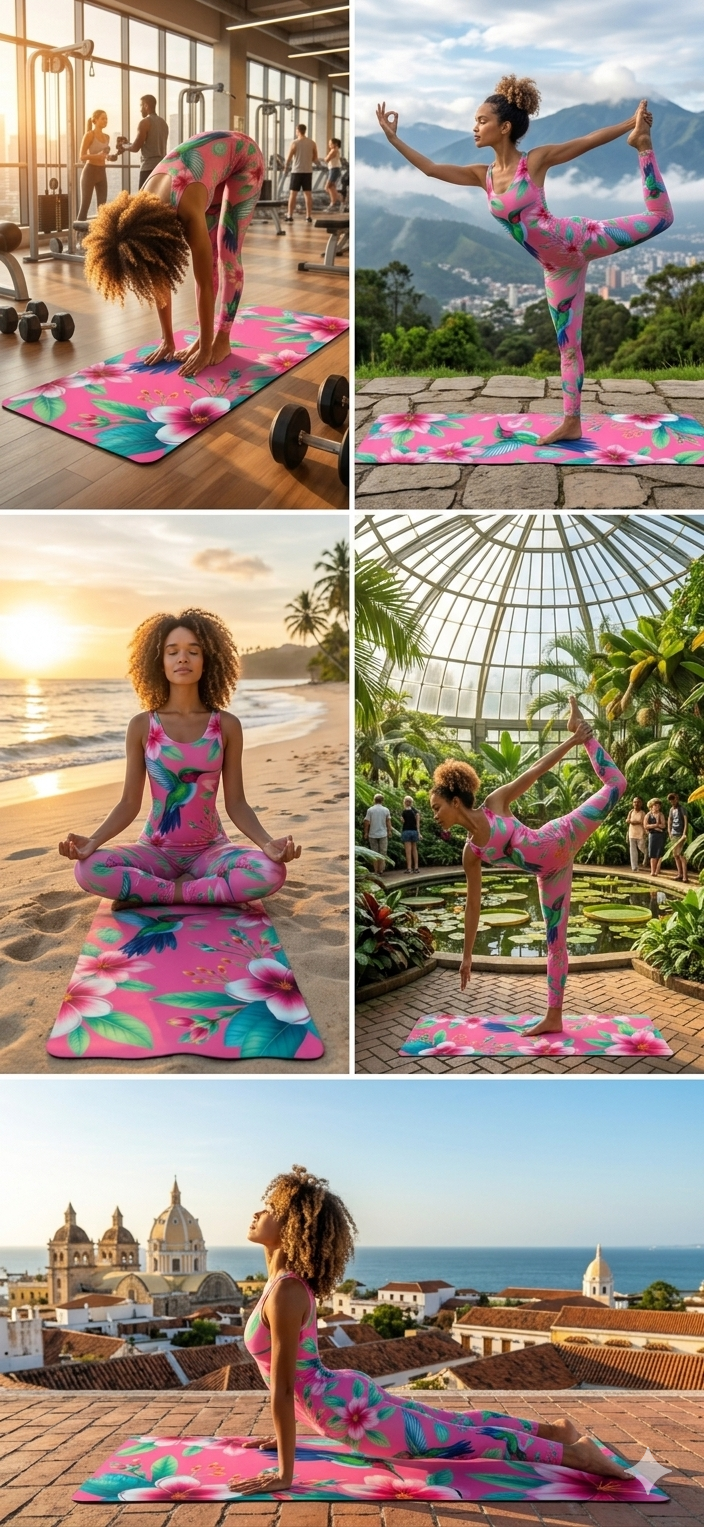 Hummingbird Floral Rubber Yoga Mat | Tropical Flowers, Pink Background - Best Yoga Mats for Home Workouts