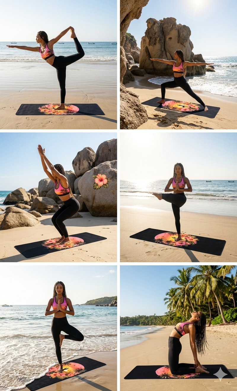 Sunset Yoga Pose Rubber Yoga Mat | Tropical Palm Hibiscus Design - Best Yoga Mats for Home Workouts