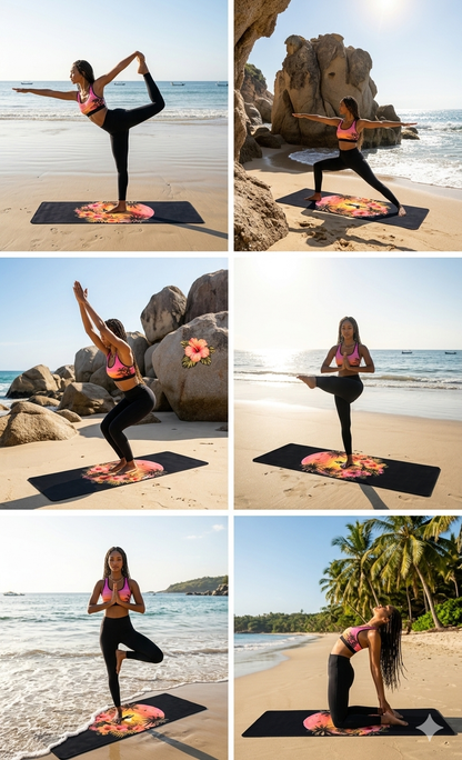 Sunset Yoga Pose Rubber Yoga Mat | Tropical Palm Hibiscus Design - Best Yoga Mats for Home Workouts