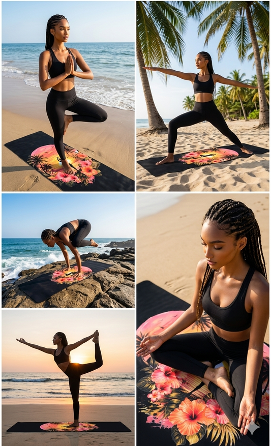 Sunset Yoga Pose Rubber Yoga Mat | Tropical Palm Hibiscus Design - Best Yoga Mats for Home Workouts