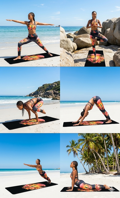 Sunset Yoga Pose Rubber Yoga Mat | Tropical Palm Hibiscus Design - Best Yoga Mats for Home Workouts