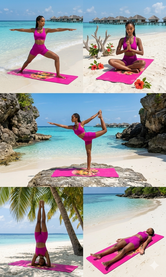 Sunset Yoga Pose Rubber Yoga Mat | Tropical Palm Hibiscus Design - Best Yoga Mats for Home Workouts