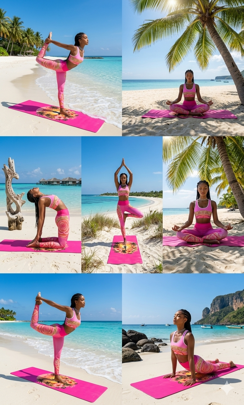 Sunset Yoga Pose Rubber Yoga Mat | Tropical Palm Hibiscus Design - Best Yoga Mats for Home Workouts