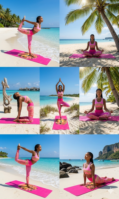 Sunset Yoga Pose Rubber Yoga Mat | Tropical Palm Hibiscus Design - Best Yoga Mats for Home Workouts