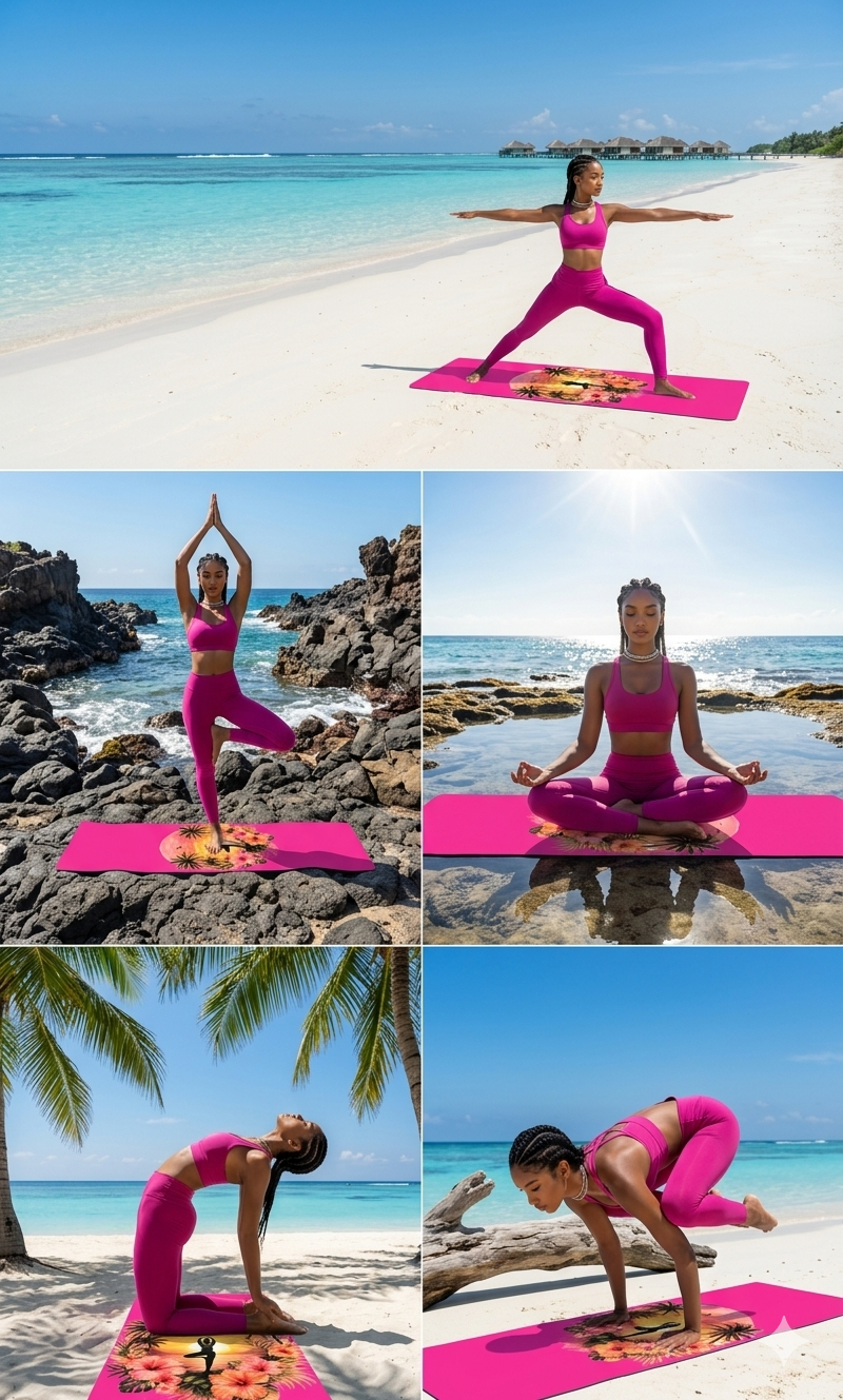 Sunset Yoga Pose Rubber Yoga Mat | Tropical Palm Hibiscus Design - Best Yoga Mats for Home Workouts