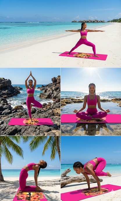 Sunset Yoga Pose Rubber Yoga Mat | Tropical Palm Hibiscus Design - Best Yoga Mats for Home Workouts