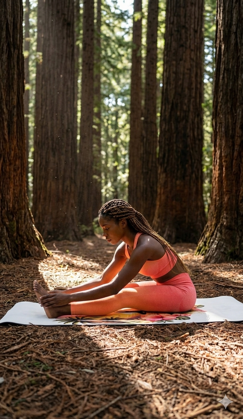 Sunset Yoga Pose Rubber Yoga Mat | Tropical Palm Hibiscus Design - Best Yoga Mats for Home Workouts