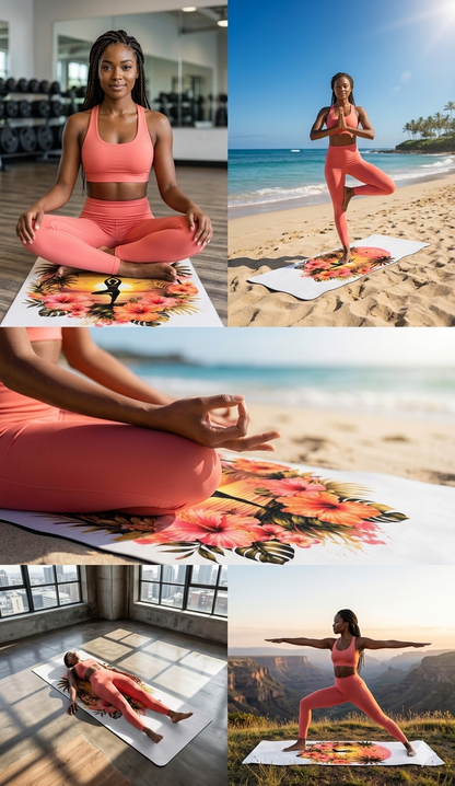 Sunset Yoga Pose Rubber Yoga Mat | Tropical Palm Hibiscus Design - Best Yoga Mats for Home Workouts