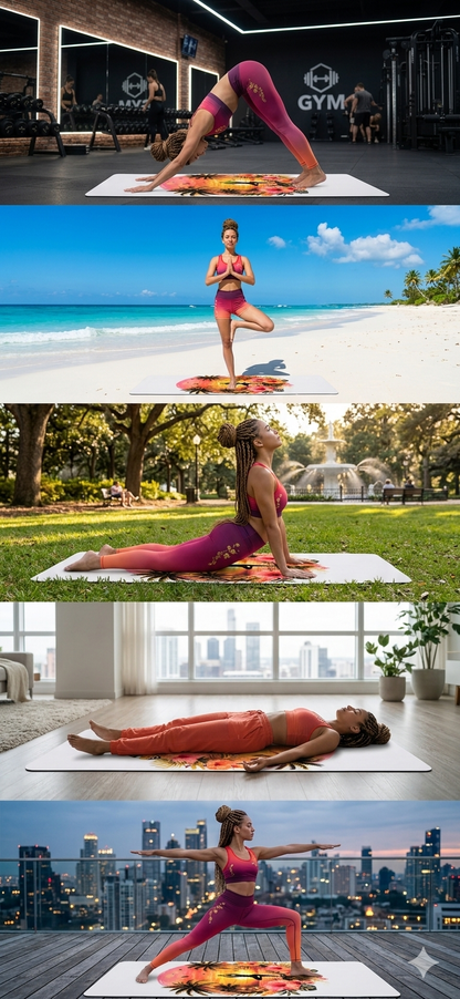 Sunset Yoga Pose Rubber Yoga Mat | Tropical Palm Hibiscus Design - Best Yoga Mats for Home Workouts