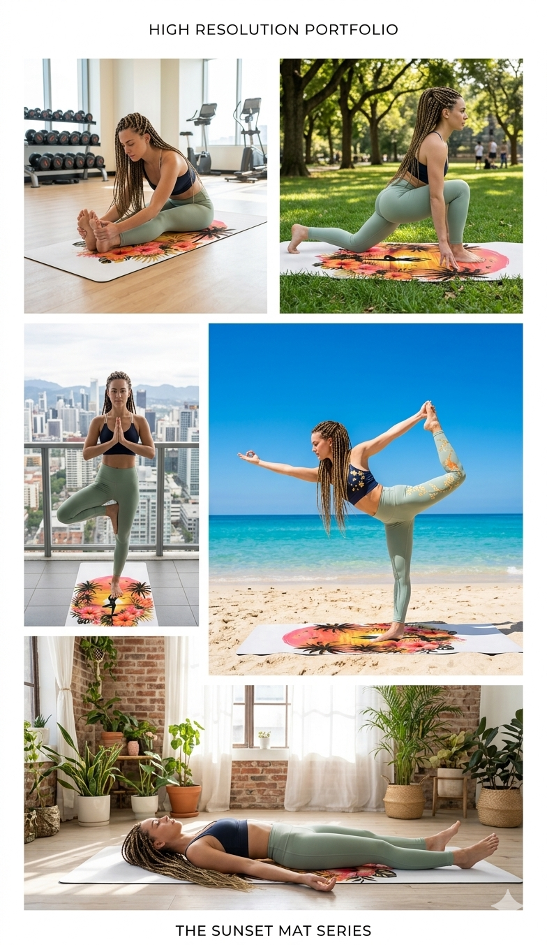 Sunset Yoga Pose Rubber Yoga Mat | Tropical Palm Hibiscus Design - Best Yoga Mats for Home Workouts