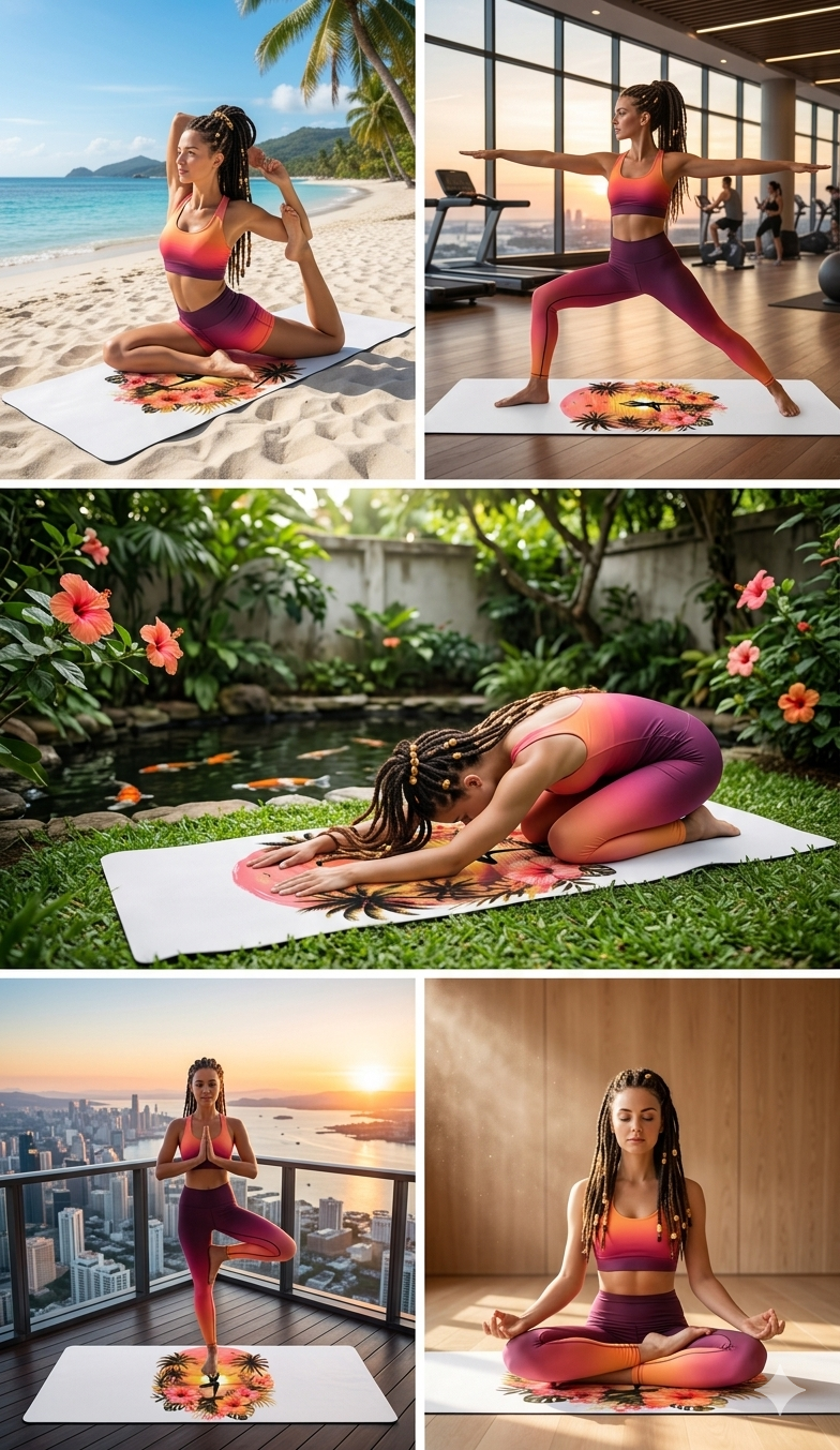 Sunset Yoga Pose Rubber Yoga Mat | Tropical Palm Hibiscus Design - Best Yoga Mats for Home Workouts