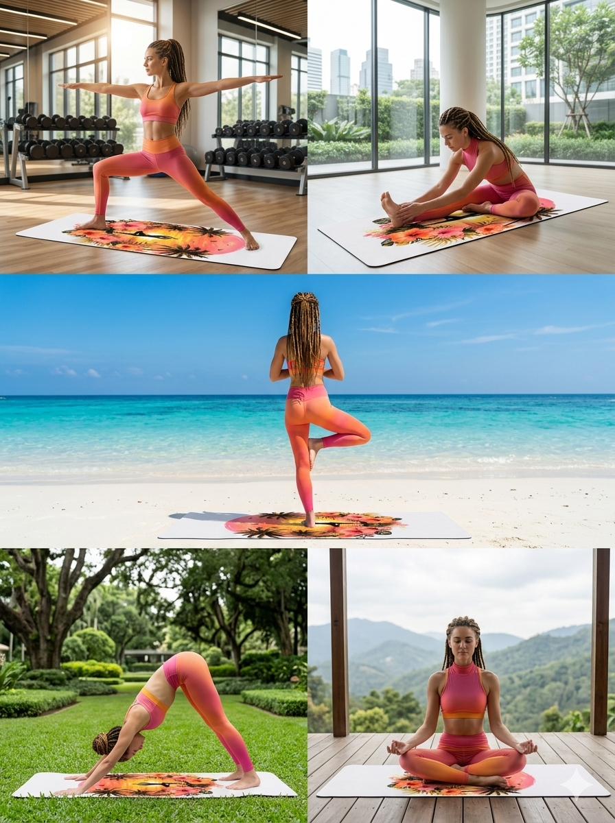 Sunset Yoga Pose Rubber Yoga Mat | Tropical Palm Hibiscus Design - Best Yoga Mats for Home Workouts