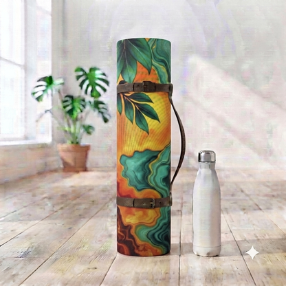 Teal & Amber Marble Swirl Leaves Rubber Yoga Mat | Abstract Nature Resin Art - Best Yoga Mats for Home Workouts