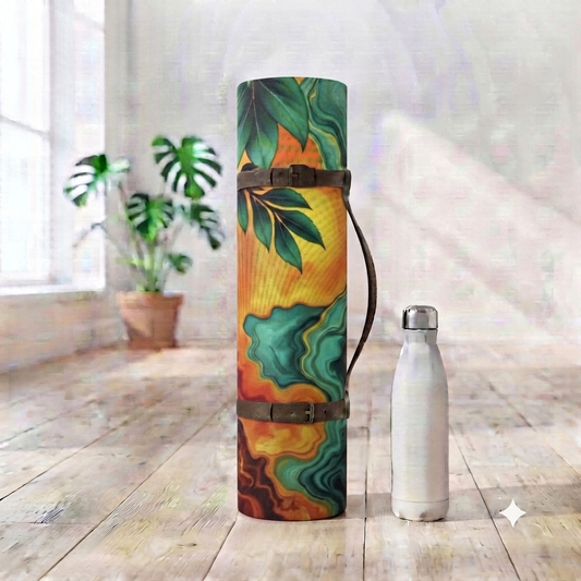 Teal & Amber Marble Swirl Leaves Rubber Yoga Mat | Abstract Nature Resin Art - Best Yoga Mats for Home Workouts