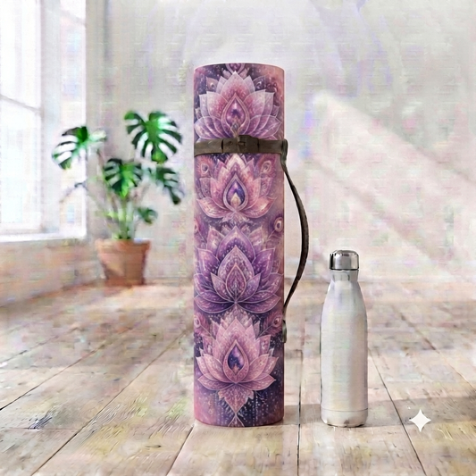 Purple Lotus Pattern rubber yoga mat with floral mandala design, ideal for yoga and home decor.