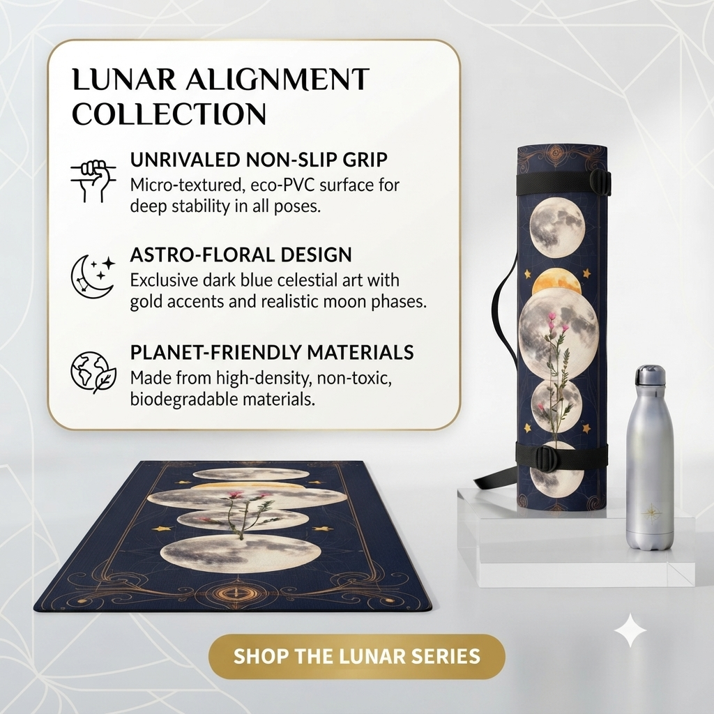 Decorative Moon Phase Floral Yoga Mat with celestial mooncycle design, featuring vibrant floral patterns on a rubber surface.