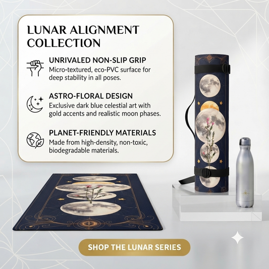 Decorative Moon Phase Floral Yoga Mat with celestial mooncycle design, featuring vibrant floral patterns on a rubber surface.