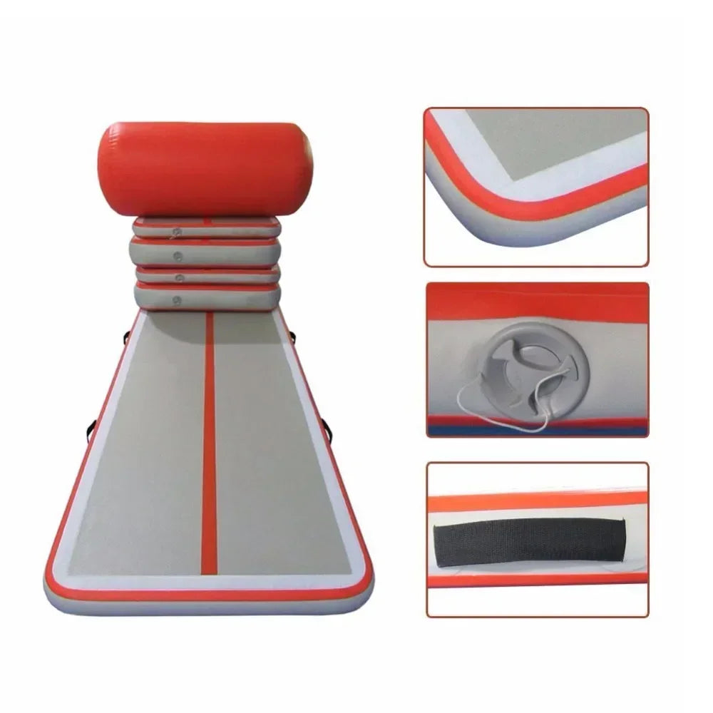 Inflatable AirTrack gymnastics mat set with pump, ideal for home workouts, from Best Yoga Mats for Home Workouts, shown inflated.