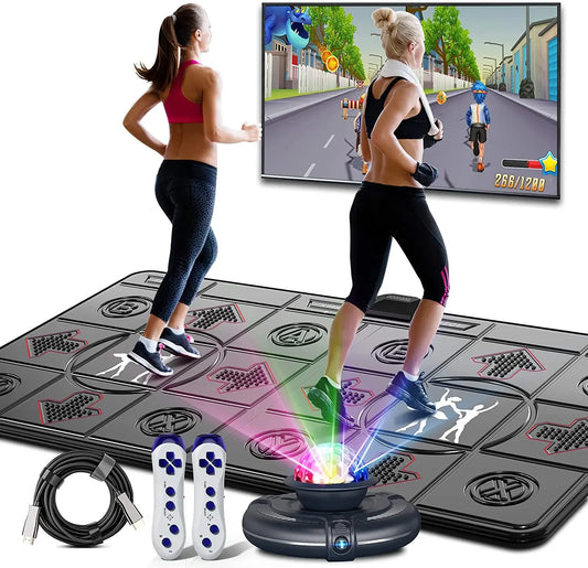 Wireless TV dance mat console for dual player fitness game, featuring colorful dance pads and connection to TV screen.
