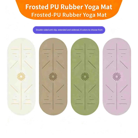 Natural rubber yoga mat with alignment lines, non-slip surface for improved stability during home workout yoga sessions.