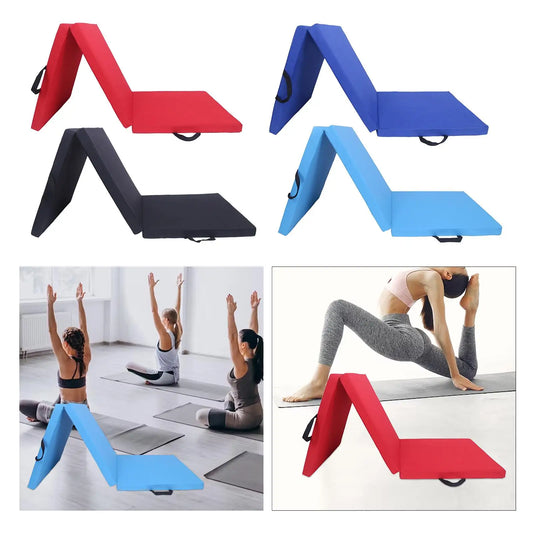 Thick padded tri-fold exercise mat with handle, ideal for yoga and workouts, from Best Yoga Mats for Home Workouts.