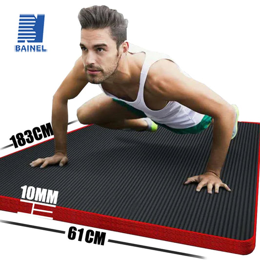 Extra thick 10mm NBR yoga mat with non-slip cushioning, ideal for comfortable home yoga and workout sessions.