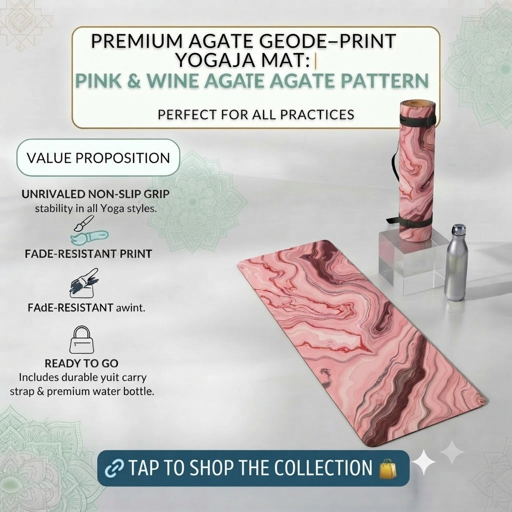 Pink marble swirl foam yoga mat with pink agate pattern, ideal for home decor and yoga practice.